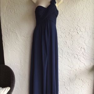 Iefiel Navy blue Small A- B cup one -Shoulder flower long gown